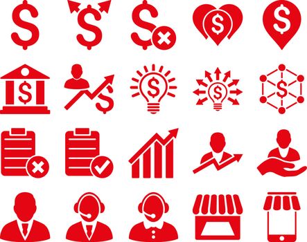 Trade business and bank service icon set. These flat icons use red color. Images are isolated on a white background. Angles are rounded.