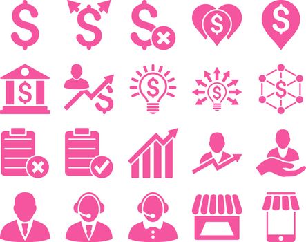 Trade business and bank service icon set. These flat icons use pink color. Images are isolated on a white background. Angles are rounded.