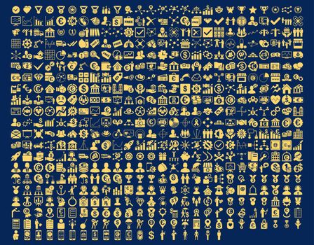 Application Toolbar Icons. 576 flat icons use yellow color. Vector images are isolated on a blue background. 