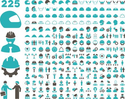 Work Safety and Helmet Icon Set. These flat bicolor icons use grey and cyan colors. Vector images are isolated on a white background. 