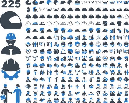 Work Safety and Helmet Icon Set. These flat bicolor icons use smooth blue colors. Vector images are isolated on a white background. 