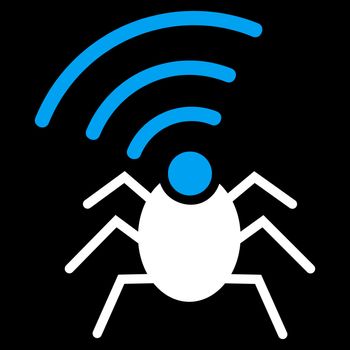 Radio spy bug icon from. Vector style is bicolor flat symbol, blue and white colors, rounded angles, black background.