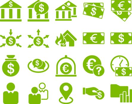 Bank service and trade business icon set. These flat symbols use eco green color. Vector images are isolated on a white background. Angles are rounded.
