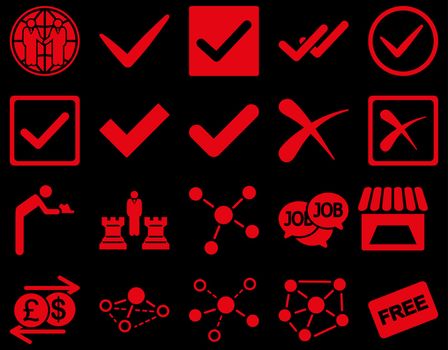 Agreement and trade links icon set. These flat symbols use red color. Vector images are isolated on a black background. Angles are rounded.