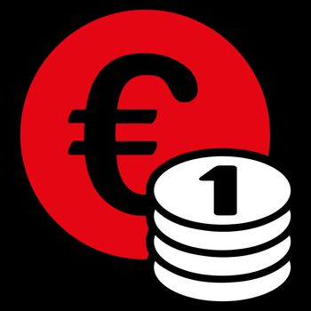 One euro coin stack from BiColor Euro Banking Icon Set. Vector style is flat bicolor, red and white symbol, rounded angles, black background.