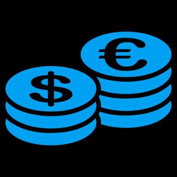 Coins dollar euro from BiColor Euro Banking Icon Set. Vector style is flat, blue symbol, rounded angles, black background.