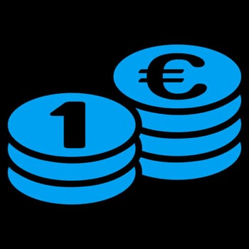 Coins one euro from BiColor Euro Banking Icon Set. Vector style is flat, blue symbol, rounded angles, black background.