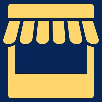 Store icon. Vector style is flat symbol, yellow color, rounded angles, blue background.