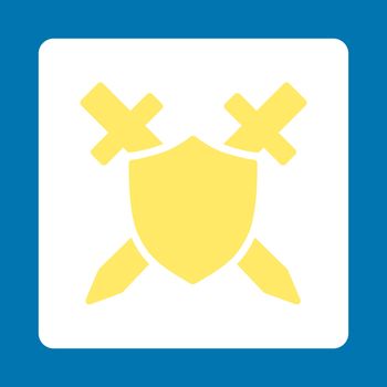 Guard icon from Commerce Buttons OverColor Set. Vector style is yellow and white colors, flat square rounded button, blue background.