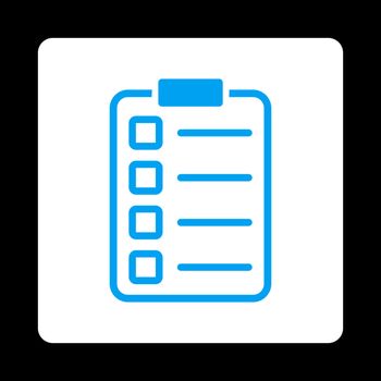 Examination icon. Vector style is blue and white colors, flat rounded square button on a black background.