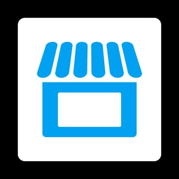 Shop icon. This flat rounded square button uses blue and white colors and isolated on a black background.