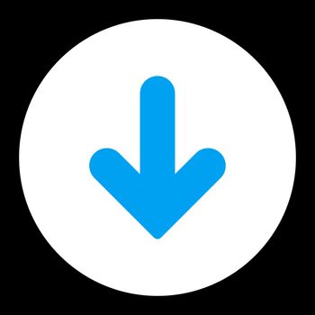 Arrow Down icon. This round flat button is drawn with blue and white colors on a black background.