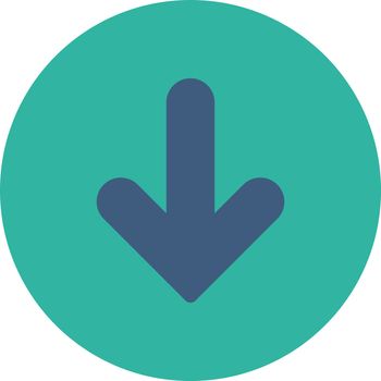 Arrow Down icon. This round flat button is drawn with cobalt and cyan colors on a white background.