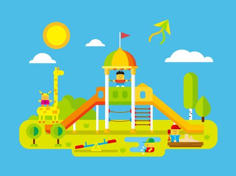 Childrens playground. Play kid on yard, happy child, giraffe and playtime outdoor, flat vector illustration