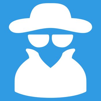 Spy icon. Vector style is flat symbol, white color, rounded angles, blue background.