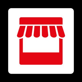 Store icon. Vector style is red and white colors, flat rounded square button on a black background.