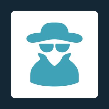 Spy icon. Vector style is blue and white colors, flat rounded square button on a dark blue background.