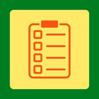 Examination icon. Vector style is orange and yellow colors, flat rounded square button on a green background.