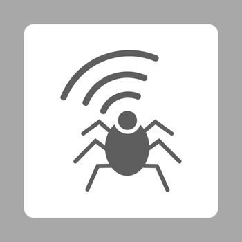 Radio spy bug icon. Vector style is dark gray and white colors, flat rounded square button on a silver background.