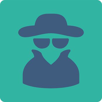 Spy icon. Vector style is cobalt and cyan colors, flat rounded square button on a white background.