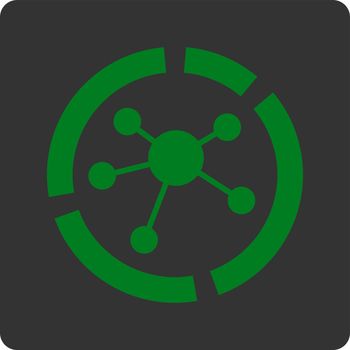 Connections diagram icon. Vector style is green and gray colors, flat rounded square button on a white background.