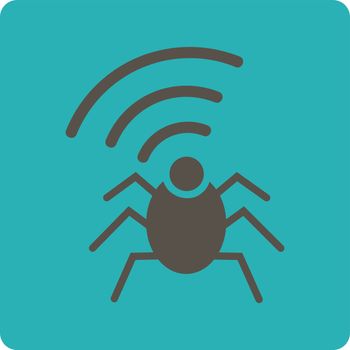 Radio spy bug icon. Vector style is grey and cyan colors, flat rounded square button on a white background.