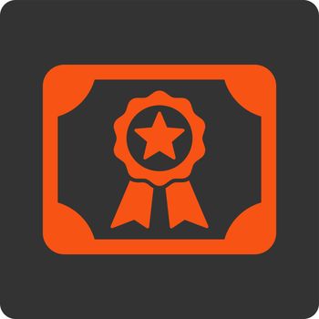 Certificate icon. Vector style is orange and gray colors, flat rounded square button on a white background.