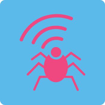 Radio spy bug icon. Vector style is pink and blue colors, flat rounded square button on a white background.