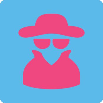 Spy icon. Vector style is pink and blue colors, flat rounded square button on a white background.