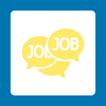 Labor Market icon. This flat rounded square button uses yellow and white colors and isolated on a blue background.