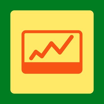 Stock Market icon. This flat rounded square button uses orange and yellow colors and isolated on a green background.