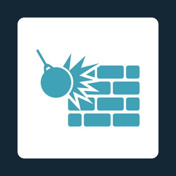 Destruction icon. Vector style is blue and white colors, flat rounded square button on a dark blue background.