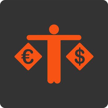 Currency compare icon. Vector style is orange and gray colors, flat rounded square button on a white background.