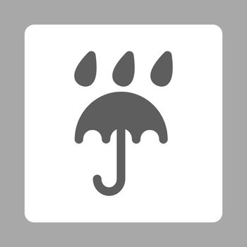 Rain protection icon. Vector style is dark gray and white colors, flat rounded square button on a silver background.