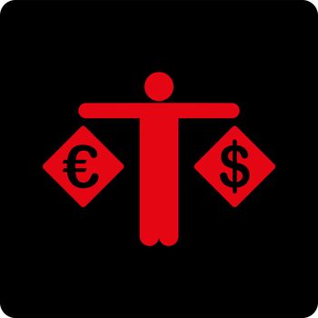 Currency compare icon. Vector style is intensive red and black colors, flat rounded square button on a white background.