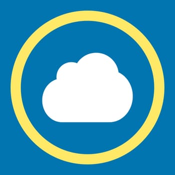 Cloud vector icon. This rounded flat symbol is drawn with yellow and white colors on a blue background.