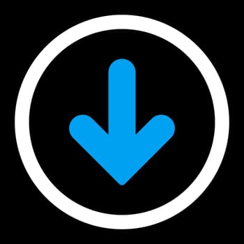 Arrow Down vector icon. This rounded flat symbol is drawn with blue and white colors on a black background.