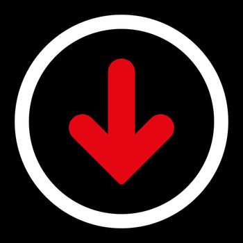 Arrow Down vector icon. This rounded flat symbol is drawn with red and white colors on a black background.