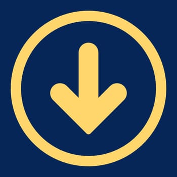 Arrow Down vector icon. This rounded flat symbol is drawn with yellow color on a blue background.
