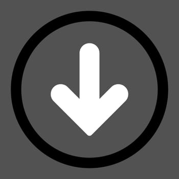 Arrow Down vector icon. This rounded flat symbol is drawn with black and white colors on a gray background.
