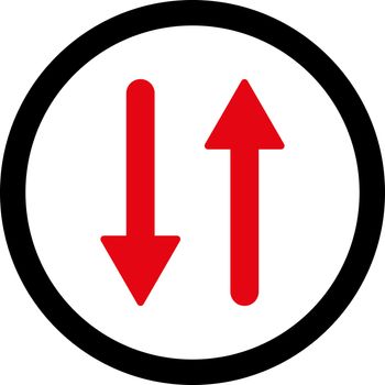 Arrows Exchange Vertical vector icon. This rounded flat symbol is drawn with intensive red and black colors on a white background.