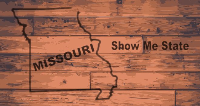 Missouri state map brand on wooden boards with map outline and state moto show me state