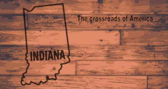 Indiana state map brand on wooden boards with map outline and state motto