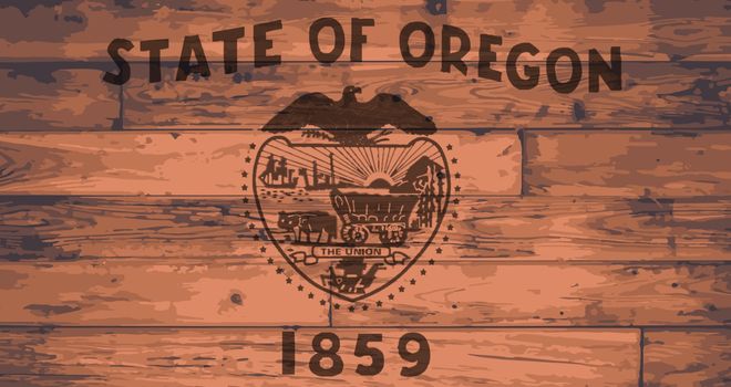 Oregon State Flag branded onto wooden planks