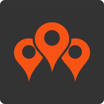 Locations vector icon. This flat rounded square button uses orange and gray colors and isolated on a white background.
