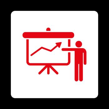 Project Presentation vector icon. This flat rounded square button uses red and white colors and isolated on a black background.