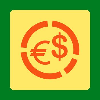 Currency Diagram vector icon. This flat rounded square button uses orange and yellow colors and isolated on a green background.