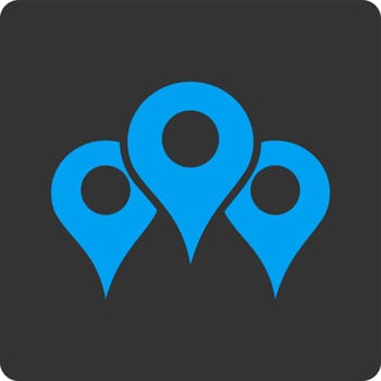 Locations vector icon. This flat rounded square button uses blue and gray colors and isolated on a white background.
