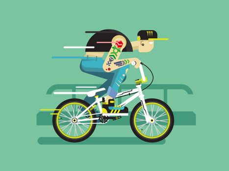 Active bicyclist. Young guy on bmx traffic, motion active. Flat vector illustration