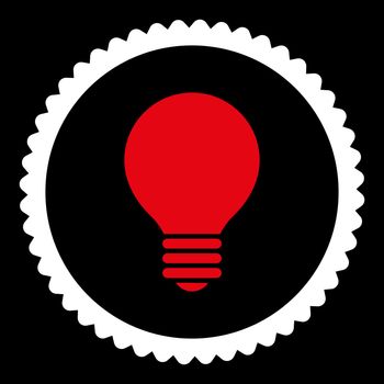 Electric Bulb round stamp icon. This flat vector symbol is drawn with red and white colors on a black background.